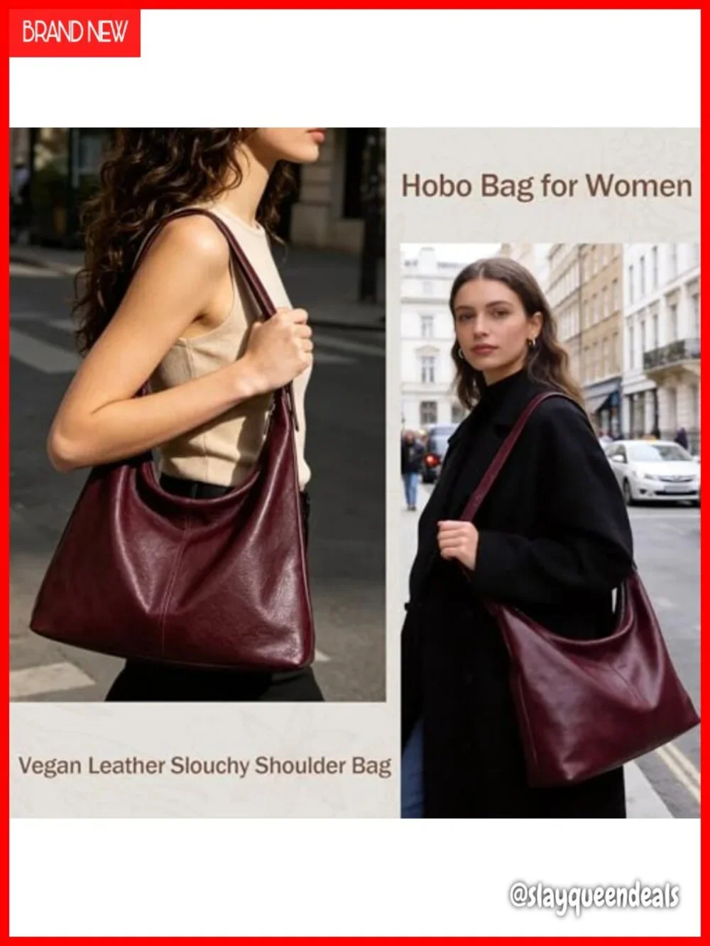 Vegan Leather Hobo Bag for Women Slouchy Shoulder Purse Work Handbag Tote